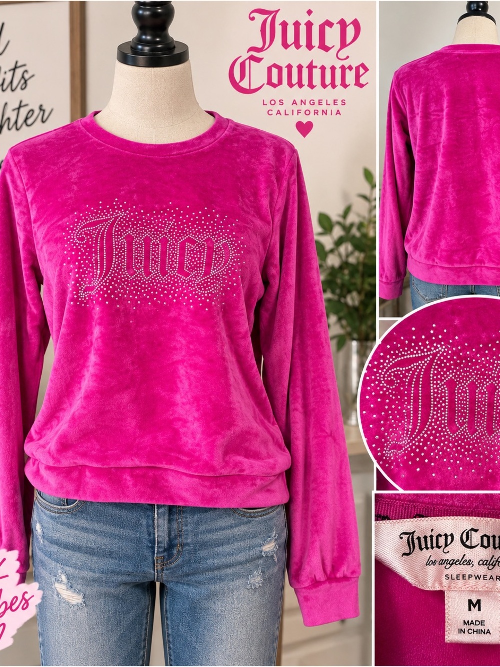 Juicy Couture Hot Pink Velour Rhinestone Logo Sweatshirt Y2K